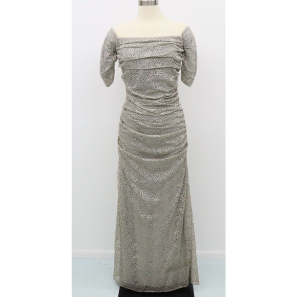 Badgley Mischka Lace Gown Silver Off the Shoulder Dress Size 8 Retail $660 - Picture 1 of 16